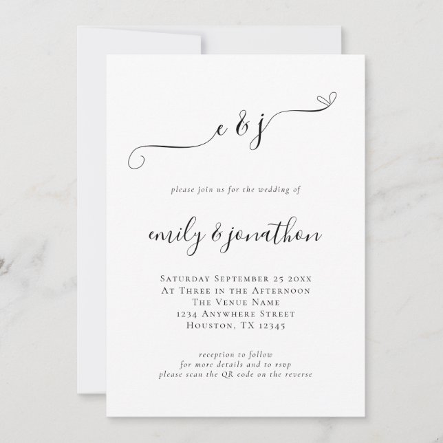 Convites Iniciais de Código QR de Casamento em Letra Elegan (Frente)