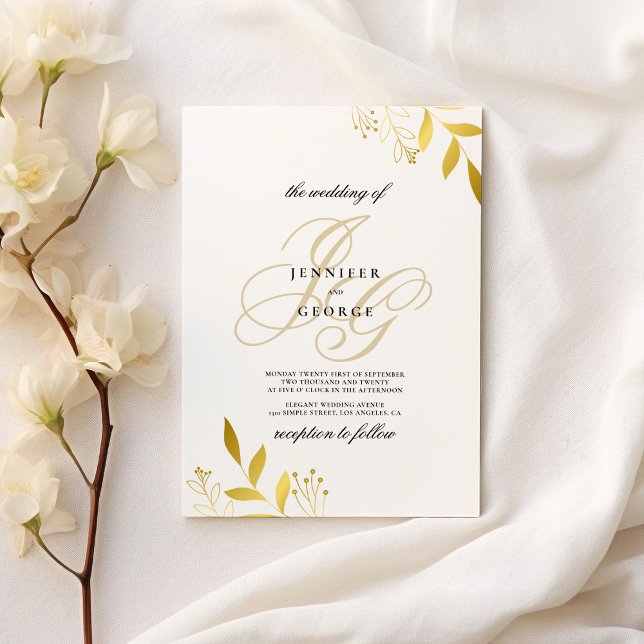 Convites Iniciais de monograma de ouro branco casamento de  (White gold monogram initials floral glam wedding)