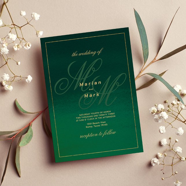 Convites Iniciais de monograma de ouro verde-florestal Casa (Forest green gold monogram initials Wedding )