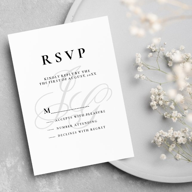 Convites Iniciais de monograma legante - RSVP branco preto (Elegant monogram initials black white RSVP)