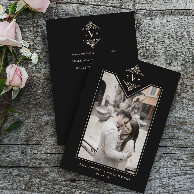 Convites Iniciais de Ouro Chic Flourish, sofisticado, preto (Criador carregado)