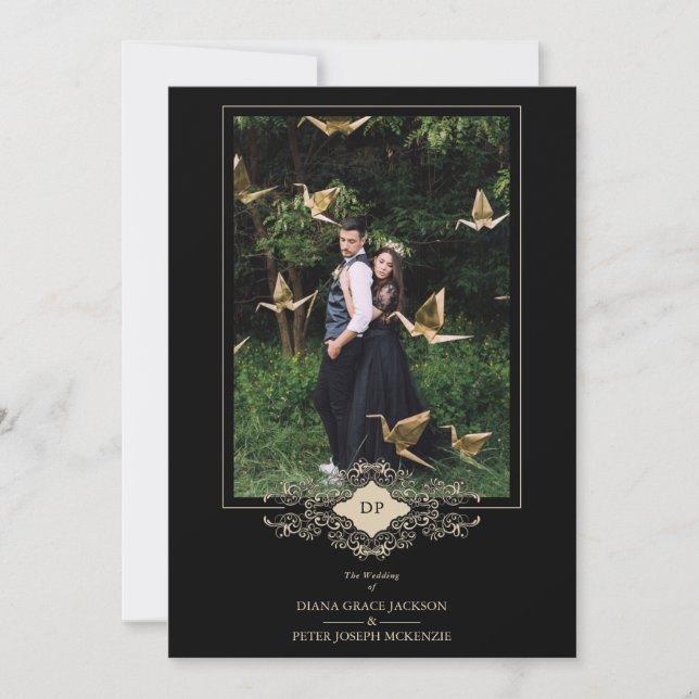 Convites Iniciais Douradas de renda Preta de Casamento (Frente)