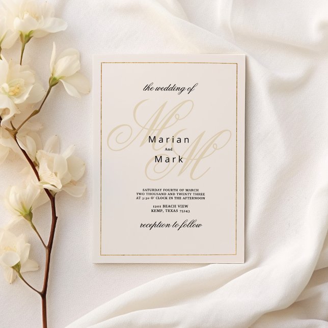 Convites Iniciais geométricas do monograma de ouro de marfi (Geometrical ivory gold monogram initials Wedding )