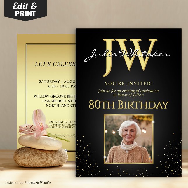 Convites Iniciais Personalizadas Aniversário do Elegante Bl (Custom Initials Elegant Black and Gold Birthday Invitation)