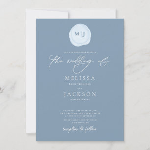 Convites Iniciais selados Casamento azul-claro minimalista