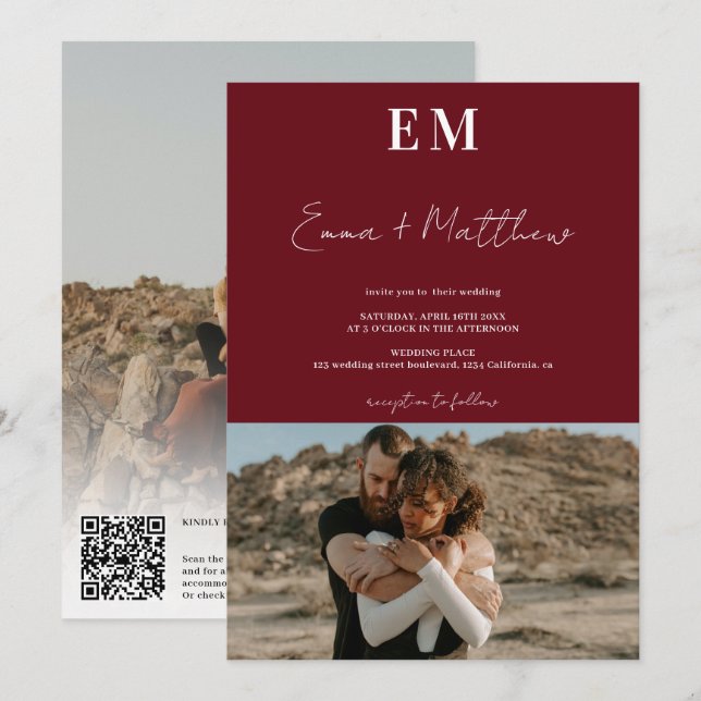 Convites Iniciais vermelho burgundy simples 2 fotos qr casa (Frente/Verso)