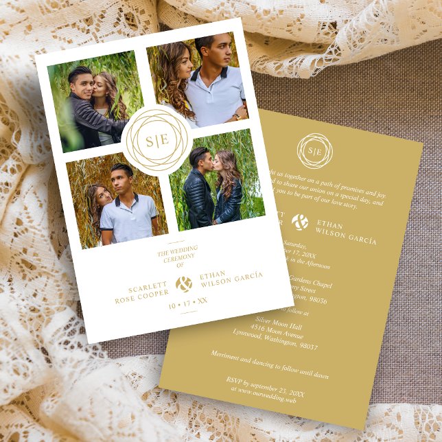 Convites Inicial Branco Ouro Mínimo Casamento Fancy 4 Fotos (White & Fake Gold Minimal Initials Simple Fancy 4 Multi Photos Collage Wedding Invitation Card.)
