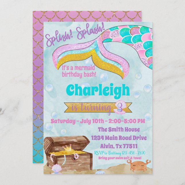 Convites Início da Parte da Piscina da Festa de aniversário (Frente/Verso)