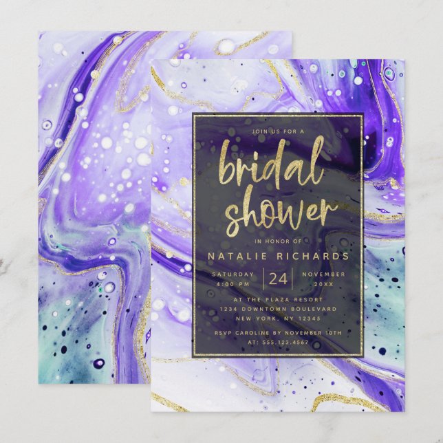 Convites Inky Splash Roxo Mármore com Chuva de Noiva Dourad (Frente/Verso)