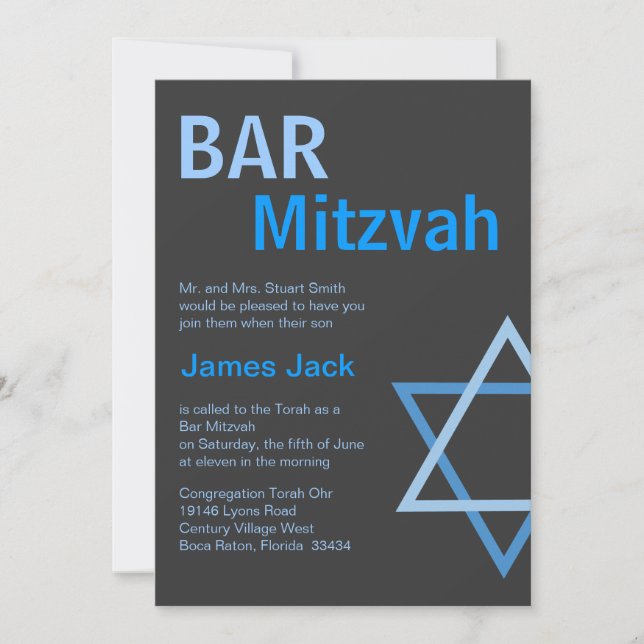 Convites Inovação Mitzvah, Bar Moderno - Azul e Cinza (Frente)