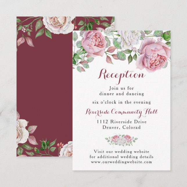 Convites Inserto de Recepção de Casamento Floral Rosa Burgu (Frente/Verso)