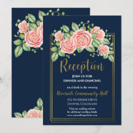 Convites Inserto de Recepção Floral Azul Marinho Dourado Ro