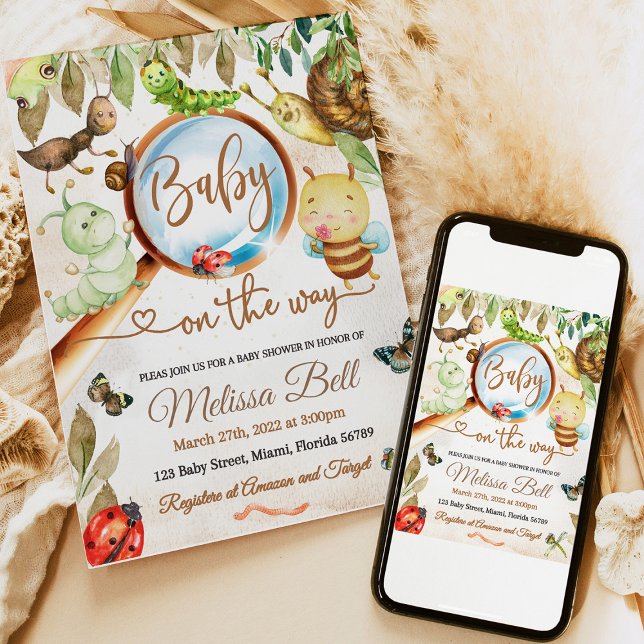 Convites Inseto e Chá de fraldas da lagarta (baby shower invitation, bug baby shower, woodland baby shower, cute bug invitation, ladybug baby sho)
