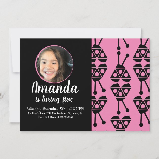 Convites Inseto Ladybug Insetos Geométricos Cor-de-rosa (Frente)