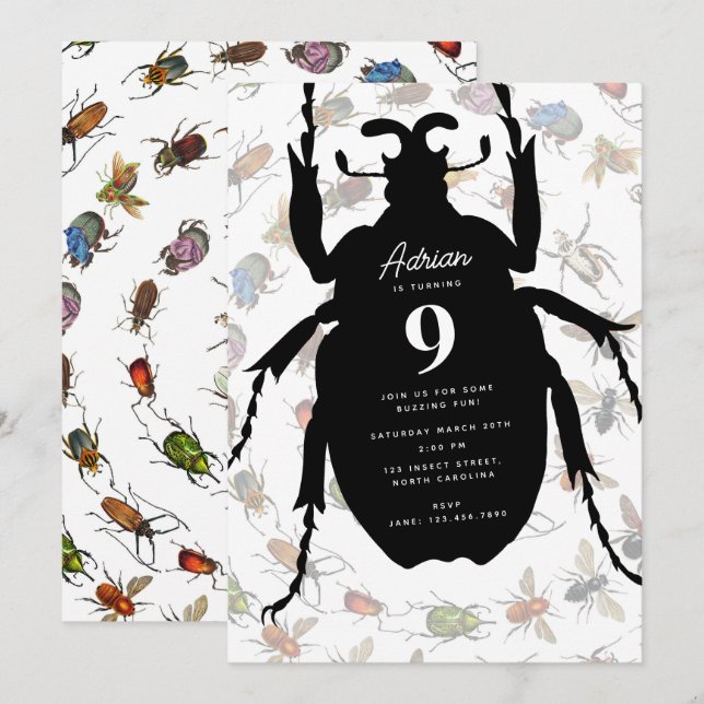 Convites Insetos Coloridos Escaravelhos Tema de Festa de an (Frente/Verso)