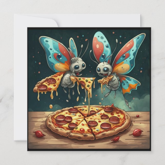 Convites Insetos engraçados e fofos comendo uma pizza ideia (Frente)