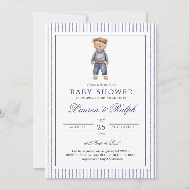 Convites Inspired Blue Teddy Bear Baby Shower (Frente)