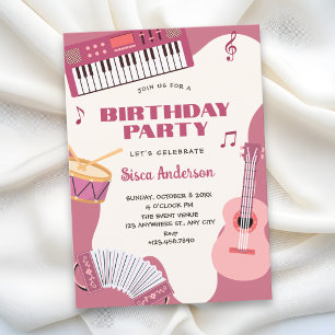 Convites Instrumentos musicais cor-de-rosa de aniversário