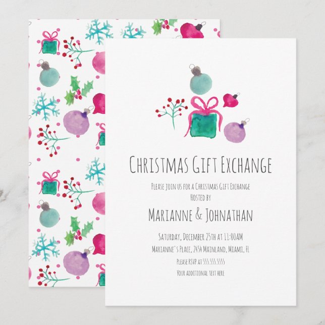 Convites Intercâmbio de Presentes de Natal em Aquarela  (Frente/Verso)