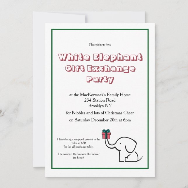 Convites Intercâmbio de Presentes Elefante Branco Festa de  (Frente)