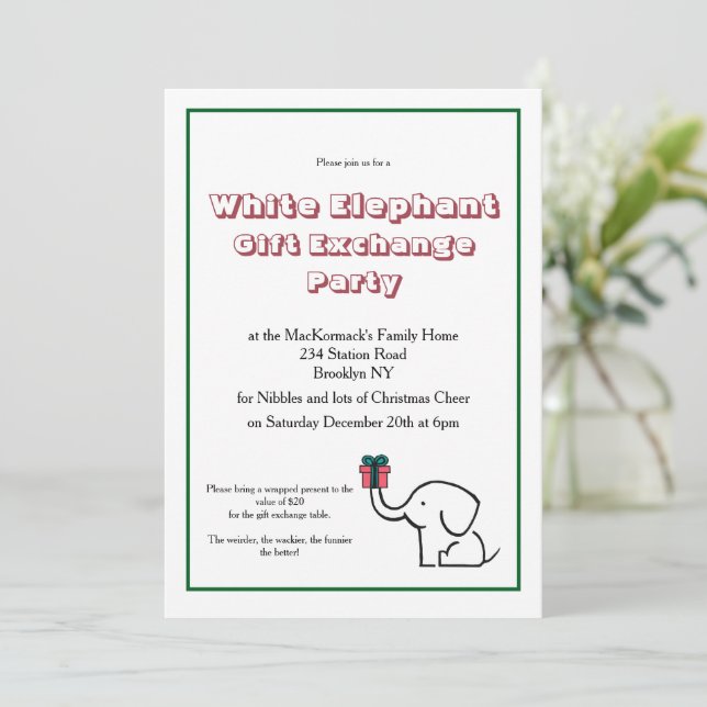 Convites Intercâmbio de Presentes Elefante Branco Festa de  (Em pé/Frente)