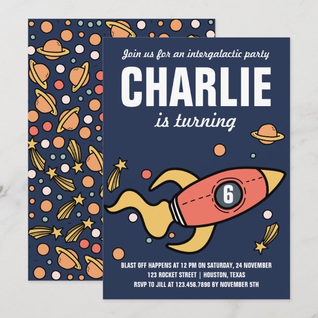 Convites Intergaláctico/Convite de aniversário de foguetes (Frente/Verso)