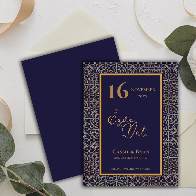 Convites Intrate Design Azul Dourado Casamento Guarde a Dat (Intricate Design Blue Gold Wedding Save the Date Invitation)