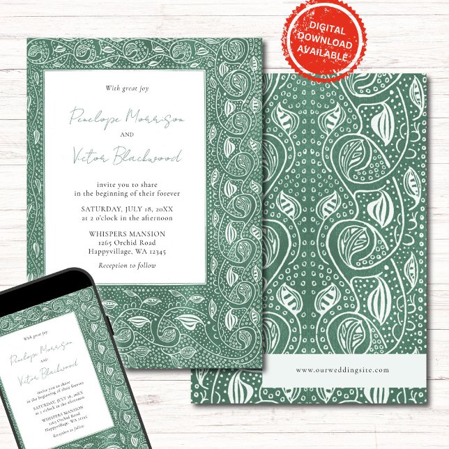 Convites Intricate Leaf Frame on Green Wedding Invitation (Criador carregado)