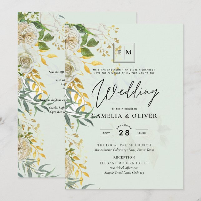 Convites Inv. Casamento Botânico de Rosas Brancas Anônimas  (Frente/Verso)