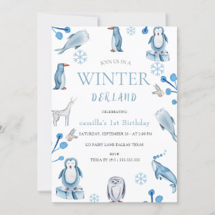 Convites Inverno Aquarela primeiro aniversario De Animais Á