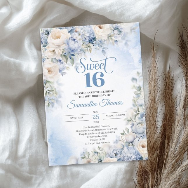 Convites Inverno Azul e Flores de Marfim Doce 16 (Winter Dusty Blue and Ivory Flowers Sweet 16 Invitation)