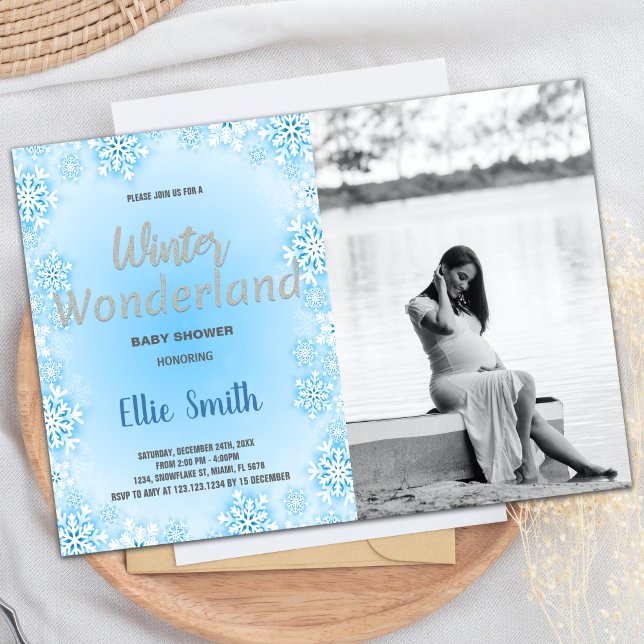 Convites Inverno Bebê convoca Foto Azul de Neve (Winter Baby Shower Invitations Blue Snow Photo)