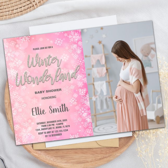 Convites Inverno Bebê convoca Foto Rosa de Neve (Winter Baby Shower Invitations Pink Snow Photo)