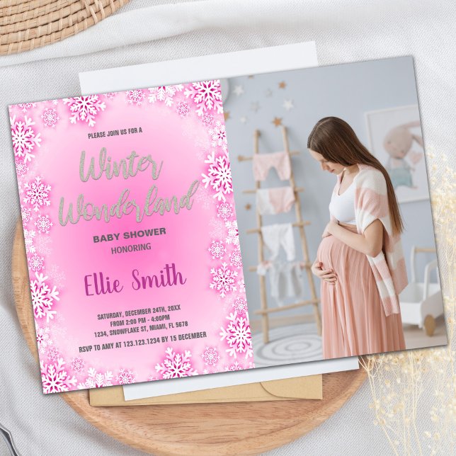 Convites Inverno Bebê convoca Foto Rosa de Neve (Winter Baby Shower Invitations Pink Snow Photo)