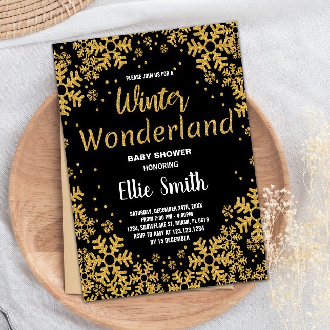 Convites Inverno Bebê Invasores Ouro Preto (Winter Baby Shower Invitations Golden Black)