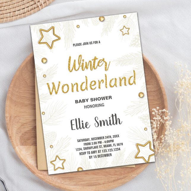 Convites Inverno Bebê Invasores Ouro Star (Winter Baby Shower Invitations Golden Star)