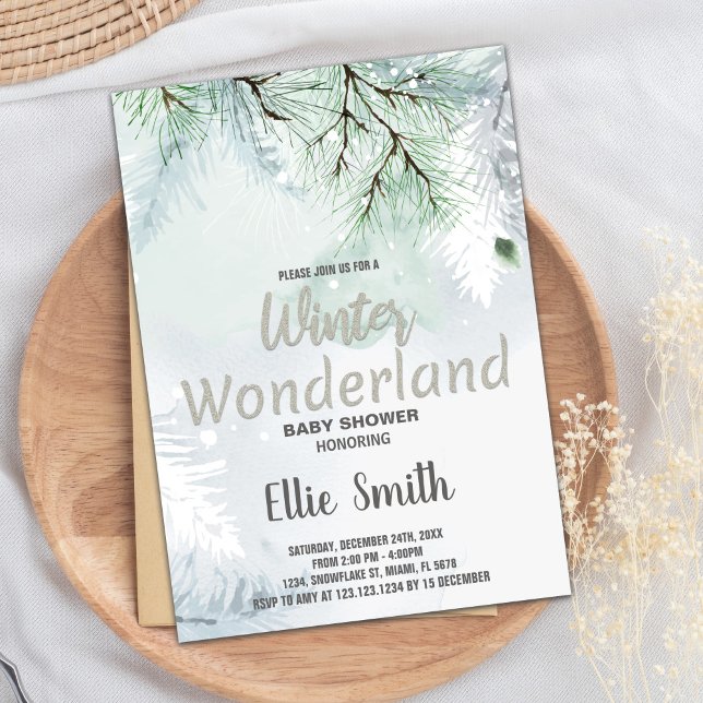 Convites Inverno Bebê Invasores Pinheiro Silver (Winter Baby Shower Invitations Pine Glitter Silver)