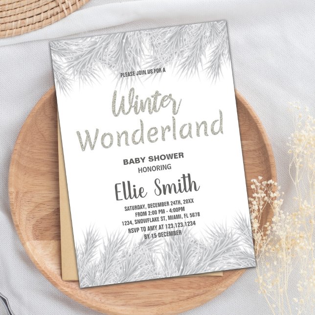 Convites Inverno Bebê Invasores Silver Gliter Pine (Winter Baby Shower Invitations Silver Glitter Pine)