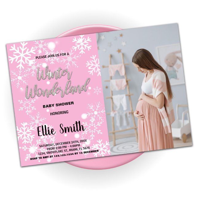 Convites Inverno Bebê Invita Foto Rosa (Winter Baby Shower Invitations Pink Photo)