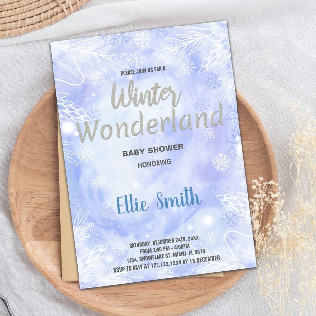 Convites Inverno Bebê Invoca Flor Azul Silver (Winter Baby Shower Invitations Blue Glitter Silver)