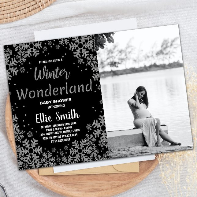 Convites Inverno Bebê Invoca Foto Prata Negra (Winter Baby Shower Invitations Black Silver Photo)