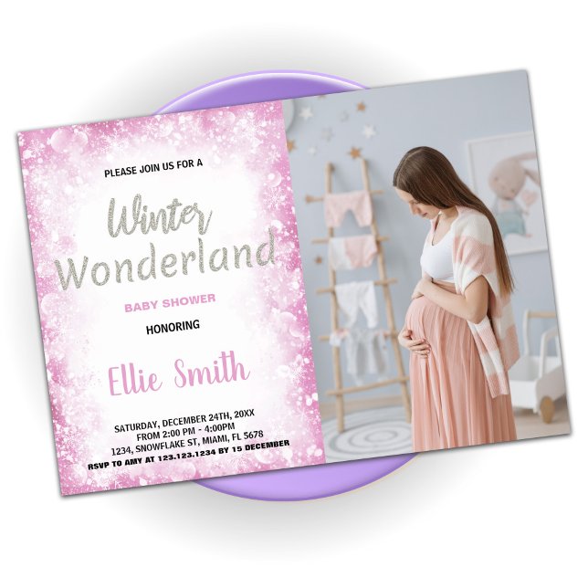 Convites Inverno Bebê Invoca Foto Rosa-Nuvem (Winter Baby Shower Invitations Cloud Pink Photo)