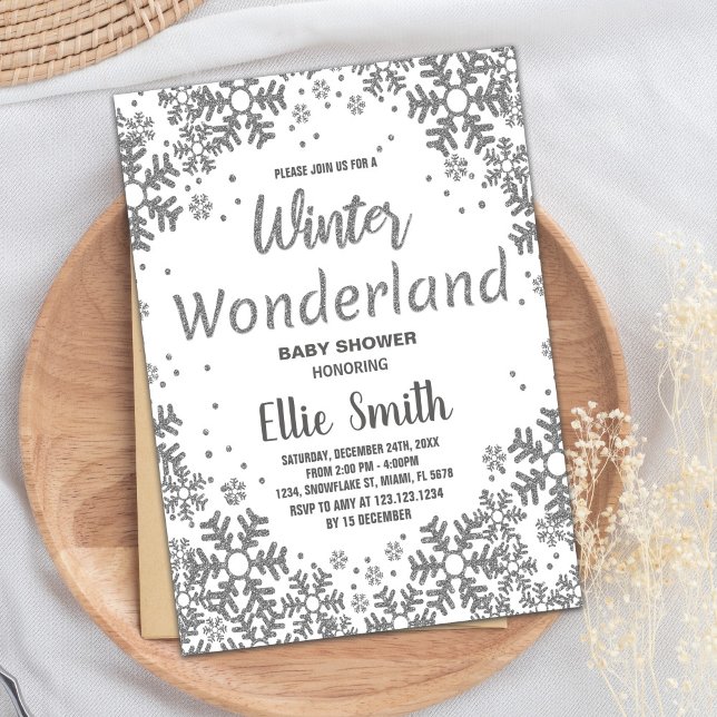 Convites Inverno Bebê Invoca Lata de Prata (Winter Baby Shower Invitations Silver Glitter)