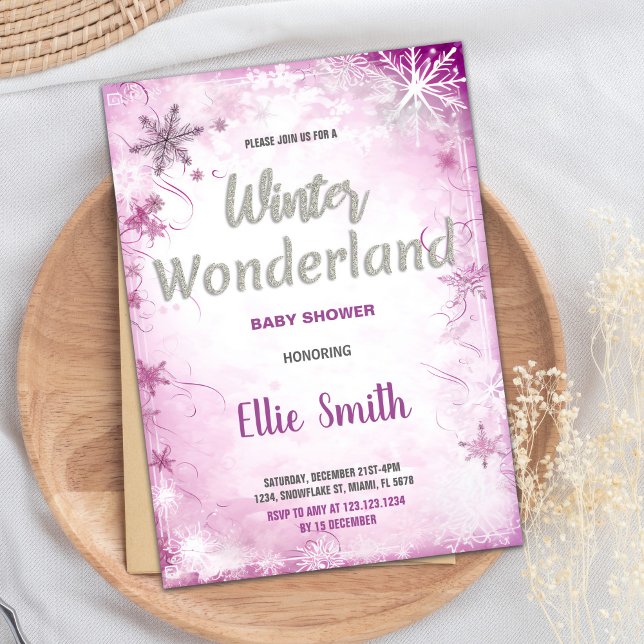 Convites Inverno Bebê Invoca Luminosidade Rosa (Winter Baby Shower Invitations Pink Glitter)