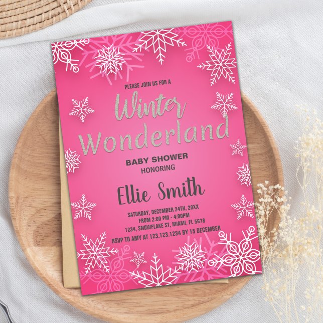 Convites Inverno Bebê Invoca Luminosidade Rosa (Winter Baby Shower Invitations Pink Snow Glitter)