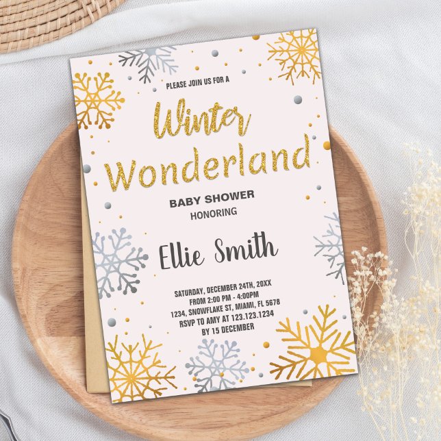 Convites Inverno Bebê Invoca Ouro Neve (Winter Baby Shower Invitations Golden Snow)