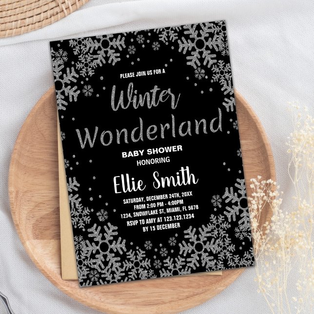 Convites Inverno Bebê Invoca Prata Negra (Winter Baby Shower Invitations Black Silver)