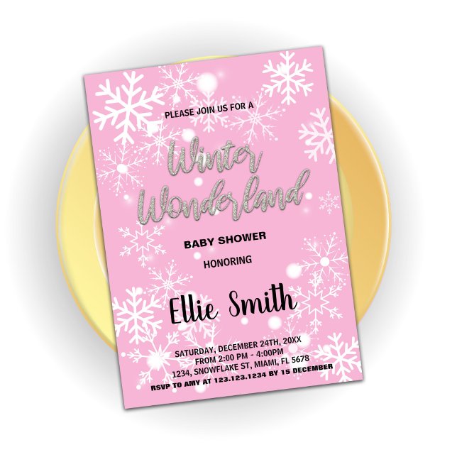 Convites Inverno Bebê Invoca Prata Rosa (Winter Baby Shower Invitations Pink Silver)