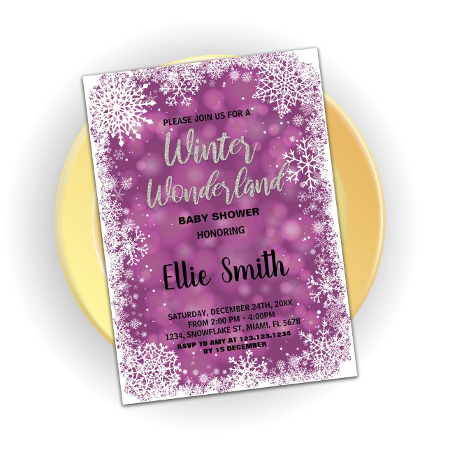 Convites Inverno Bebê Invoca Prata Roxa (Winter Baby Shower Invitations Purple Silver)