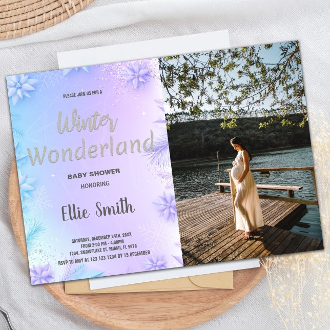 Convites Inverno Bebê Invoca Roxo com Foto (Winter Baby Shower Invitations Purple with Photo)